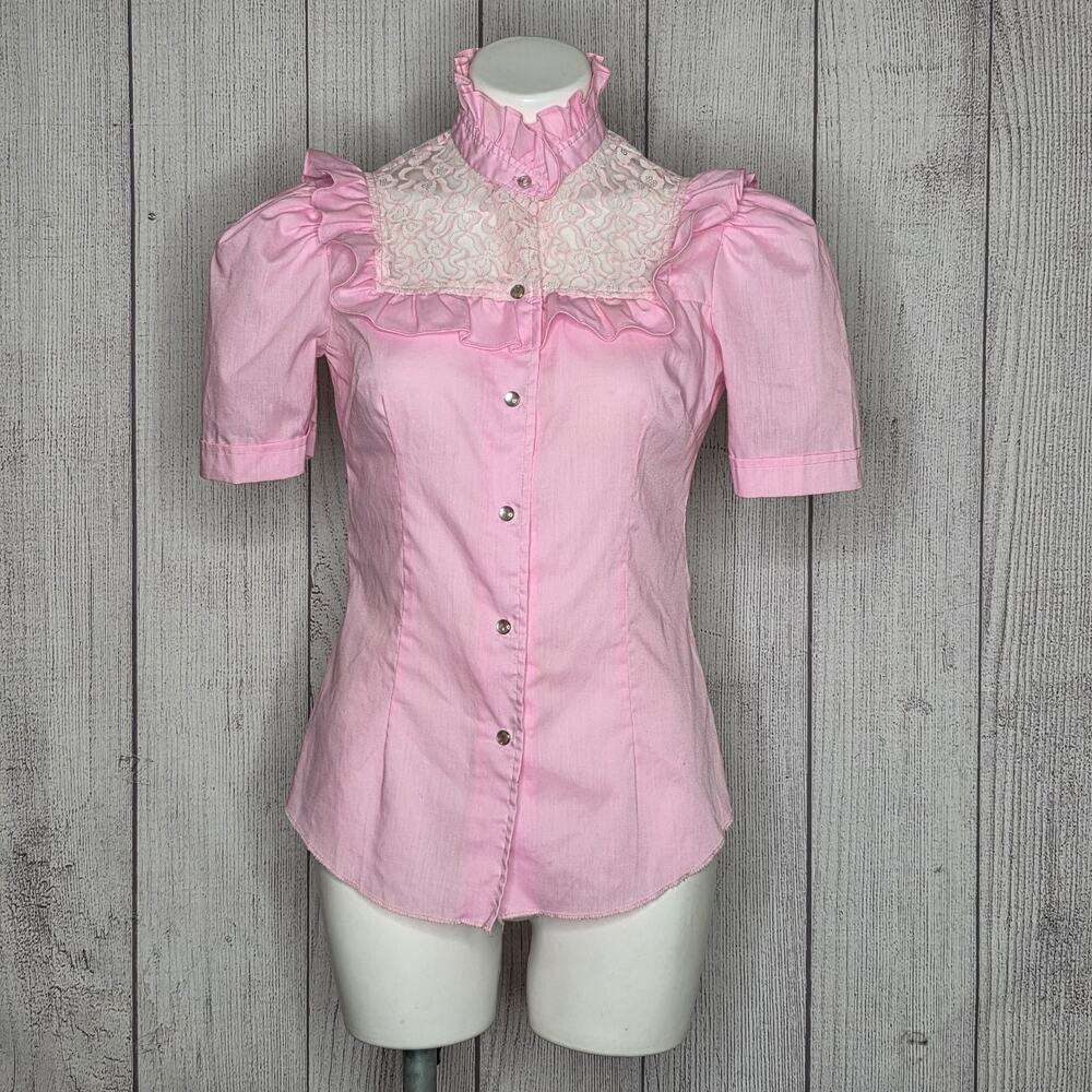 VTG H Bar C Pink Prairie Lace Western Victorian Ruffle Blouse Cottagecore, Small